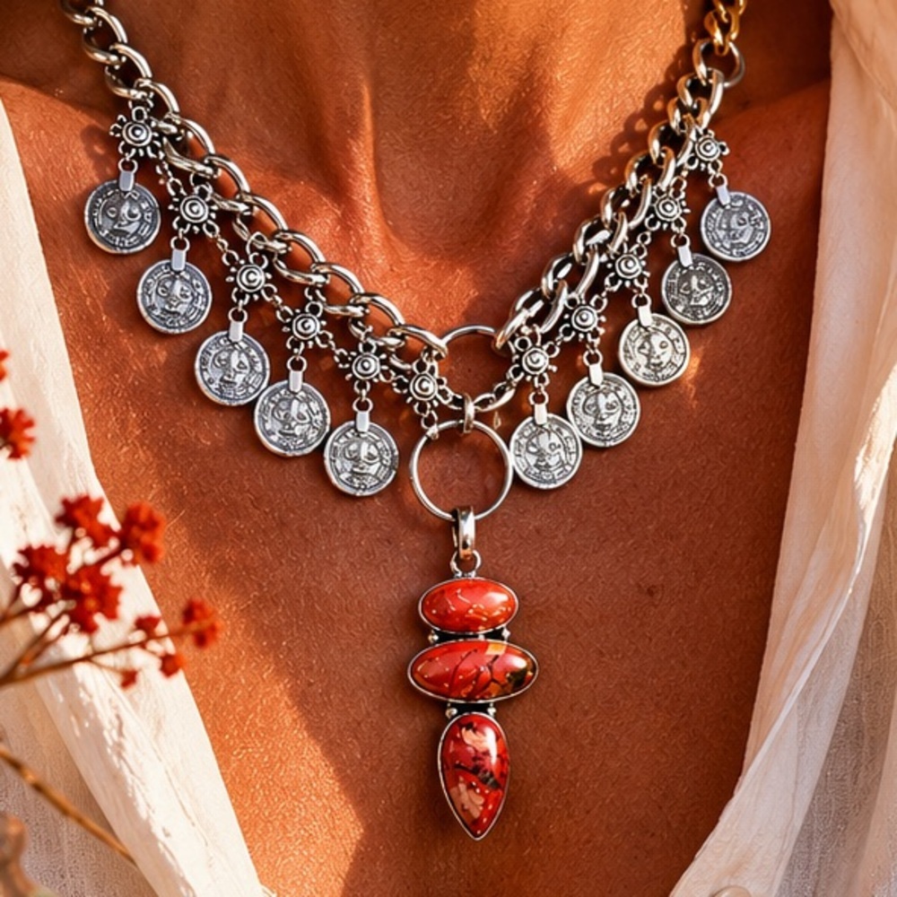 Artisan Handcrafted RED BRECCIATED JASPER Pendant Necklace Coins Up Cycled OOAK - Picture 4 of 16
